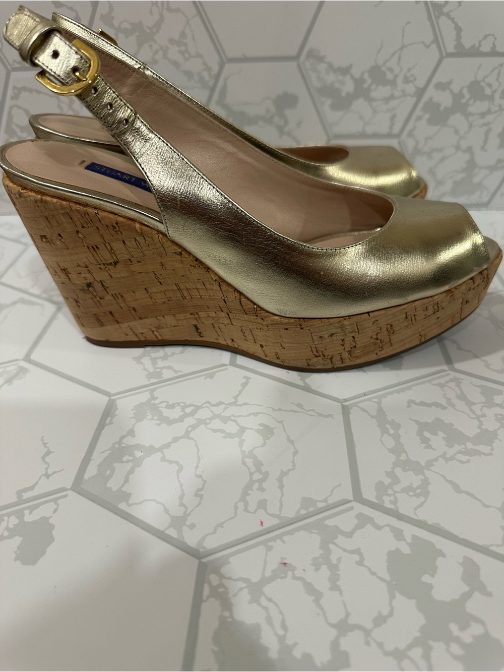 Stuart Weitzman Metallic Gold Peep-Toe Cork Wedge Sandals - Picture 4 of 7